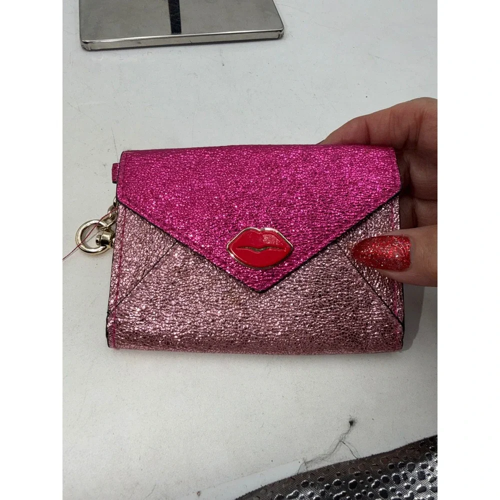 Victorias Secret Pink Glitter Envelope Card Case Red Lips Keychain Wallet